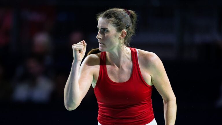 Rebecca Marino pumps her fist while representing Canada at the Billie Jean King Cup. She will be joined in April in the Qualifiers by Marina Stakusic, Victoria Mboko, Kayla Cross, and Ariana Arseneault.